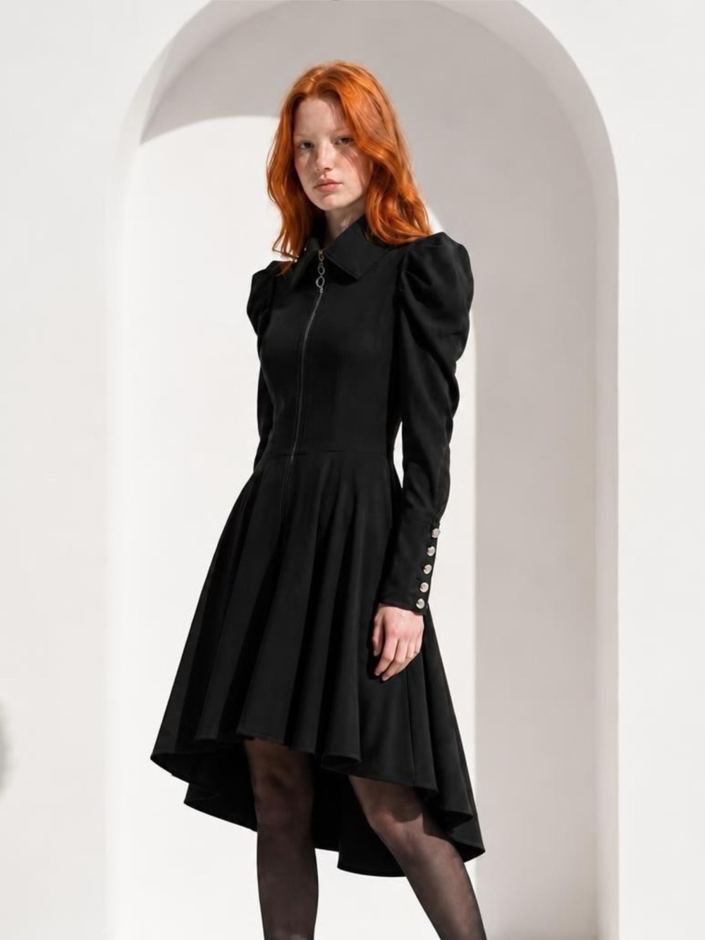 Samuel Dong XS Black Full Zip High Low Dress with Puritan Puff Sleeves